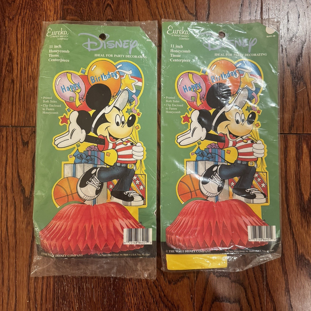 2 VTG NOS Mickey Mouse Honeycomb Tissue Centerpiece Happy Birthday Party Sealed